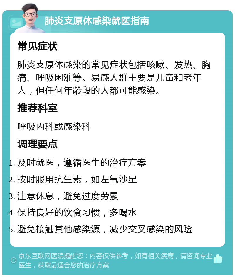 肺炎支原体感染就医指南 常见症状 肺炎支原体感染的常见症状包括咳嗽、发热、胸痛、呼吸困难等。易感人群主要是儿童和老年人，但任何年龄段的人都可能感染。 推荐科室 呼吸内科或感染科 调理要点 及时就医，遵循医生的治疗方案 按时服用抗生素，如左氧沙星 注意休息，避免过度劳累 保持良好的饮食习惯，多喝水 避免接触其他感染源，减少交叉感染的风险