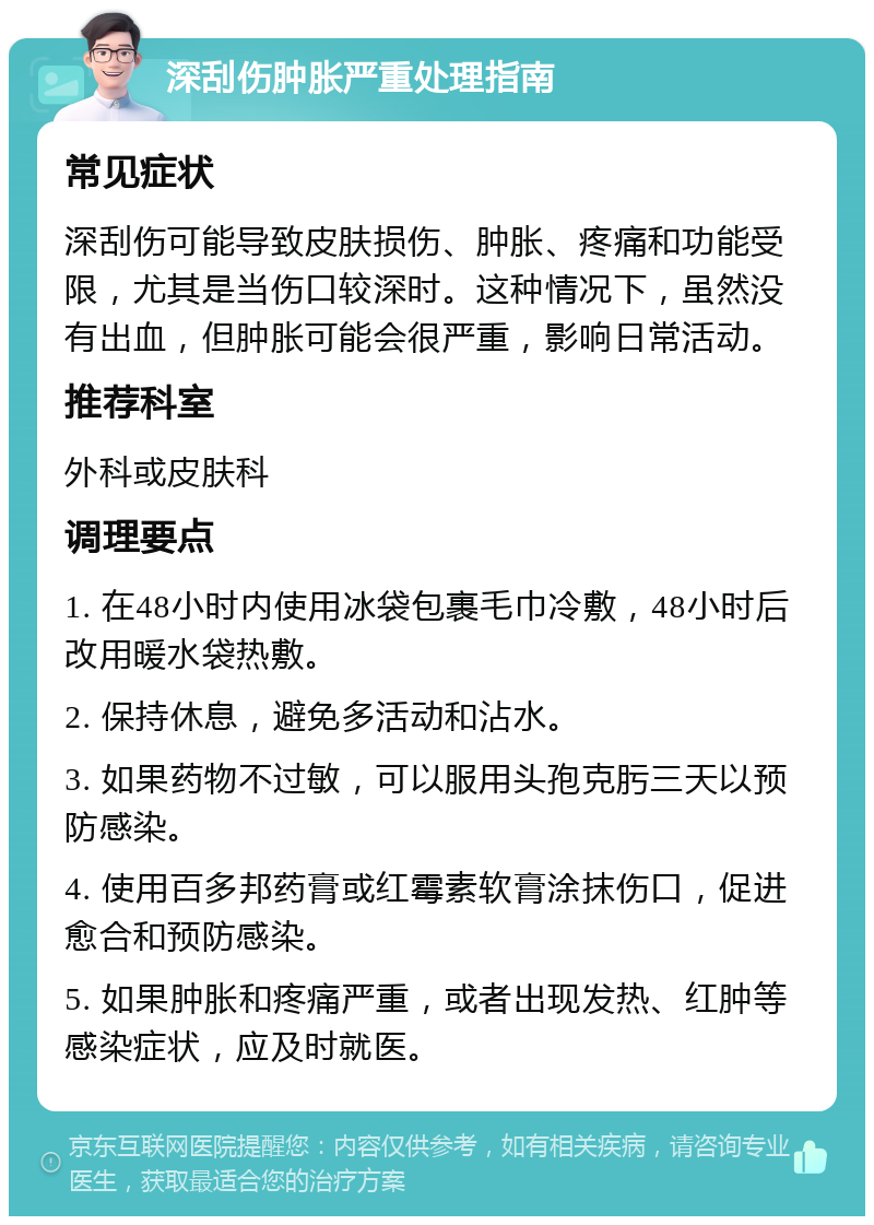 深刮伤肿胀严重处理指南 常见症状 深刮伤可能导致皮肤损伤、肿胀、疼痛和功能受限，尤其是当伤口较深时。这种情况下，虽然没有出血，但肿胀可能会很严重，影响日常活动。 推荐科室 外科或皮肤科 调理要点 1. 在48小时内使用冰袋包裹毛巾冷敷，48小时后改用暖水袋热敷。 2. 保持休息，避免多活动和沾水。 3. 如果药物不过敏，可以服用头孢克肟三天以预防感染。 4. 使用百多邦药膏或红霉素软膏涂抹伤口，促进愈合和预防感染。 5. 如果肿胀和疼痛严重，或者出现发热、红肿等感染症状，应及时就医。