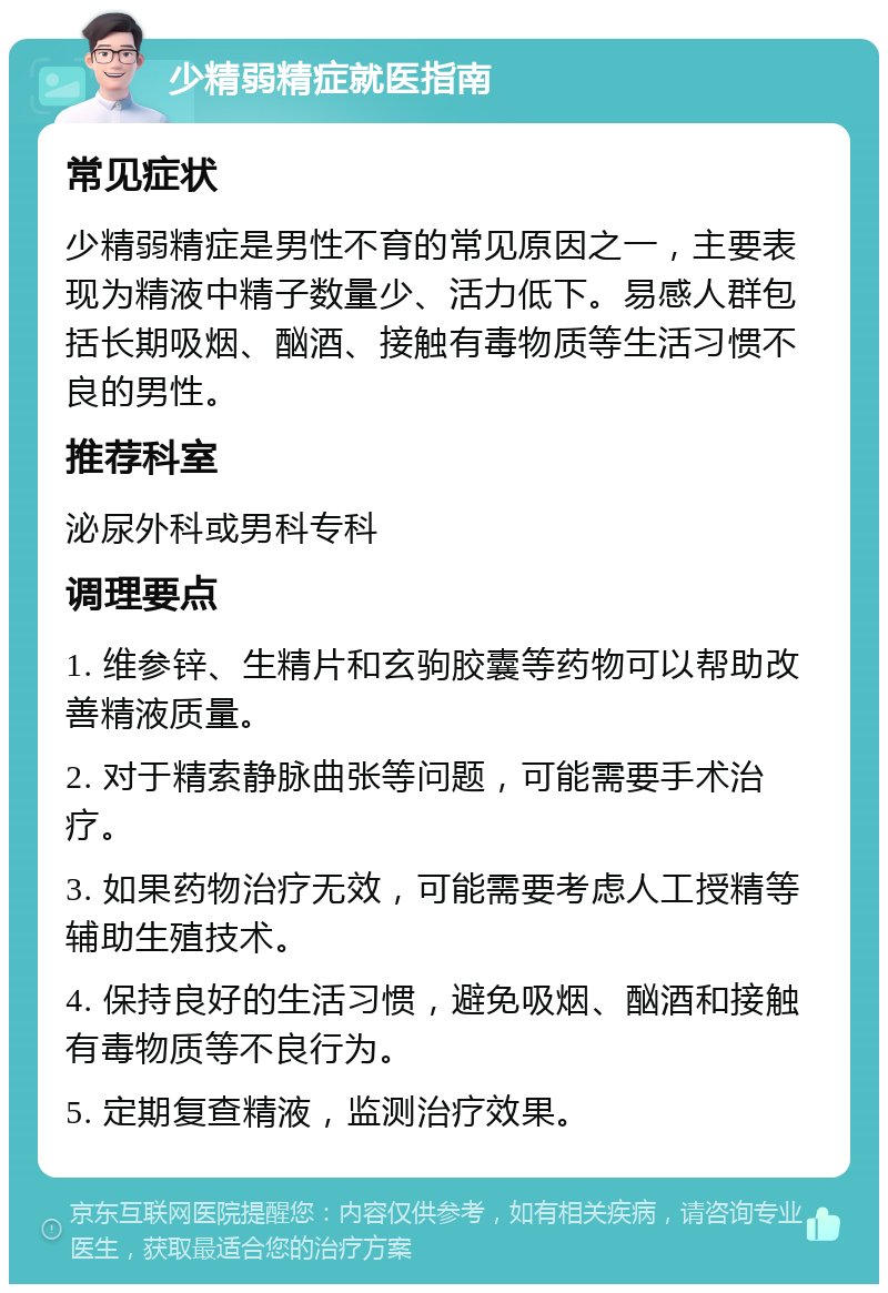 少精弱精症就医指南 常见症状 少精弱精症是男性不育的常见原因之一，主要表现为精液中精子数量少、活力低下。易感人群包括长期吸烟、酗酒、接触有毒物质等生活习惯不良的男性。 推荐科室 泌尿外科或男科专科 调理要点 1. 维参锌、生精片和玄驹胶囊等药物可以帮助改善精液质量。 2. 对于精索静脉曲张等问题，可能需要手术治疗。 3. 如果药物治疗无效，可能需要考虑人工授精等辅助生殖技术。 4. 保持良好的生活习惯，避免吸烟、酗酒和接触有毒物质等不良行为。 5. 定期复查精液，监测治疗效果。