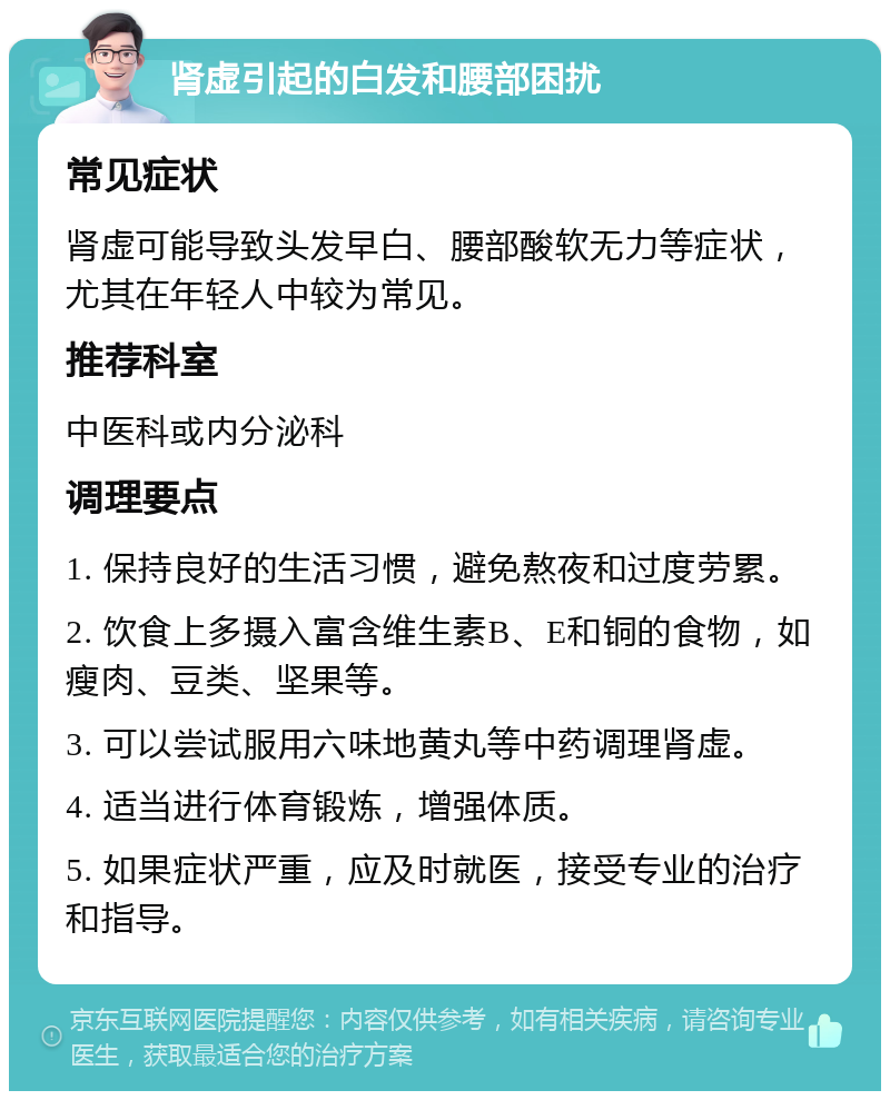 肾虚引起的白发和腰部困扰 常见症状 肾虚可能导致头发早白、腰部酸软无力等症状，尤其在年轻人中较为常见。 推荐科室 中医科或内分泌科 调理要点 1. 保持良好的生活习惯，避免熬夜和过度劳累。 2. 饮食上多摄入富含维生素B、E和铜的食物，如瘦肉、豆类、坚果等。 3. 可以尝试服用六味地黄丸等中药调理肾虚。 4. 适当进行体育锻炼，增强体质。 5. 如果症状严重，应及时就医，接受专业的治疗和指导。