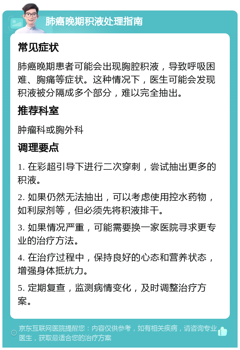 肺癌晚期积液处理指南 常见症状 肺癌晚期患者可能会出现胸腔积液，导致呼吸困难、胸痛等症状。这种情况下，医生可能会发现积液被分隔成多个部分，难以完全抽出。 推荐科室 肿瘤科或胸外科 调理要点 1. 在彩超引导下进行二次穿刺，尝试抽出更多的积液。 2. 如果仍然无法抽出，可以考虑使用控水药物，如利尿剂等，但必须先将积液排干。 3. 如果情况严重，可能需要换一家医院寻求更专业的治疗方法。 4. 在治疗过程中，保持良好的心态和营养状态，增强身体抵抗力。 5. 定期复查，监测病情变化，及时调整治疗方案。