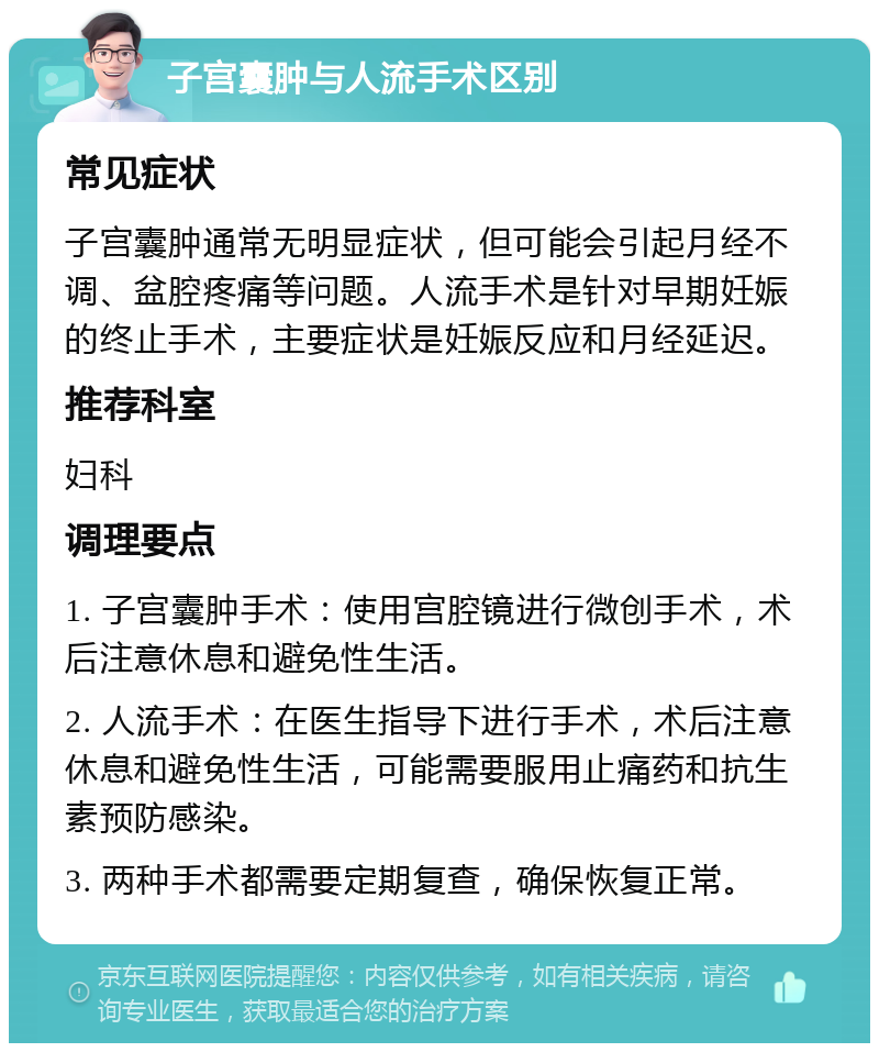 子宫囊肿与人流手术区别 常见症状 子宫囊肿通常无明显症状，但可能会引起月经不调、盆腔疼痛等问题。人流手术是针对早期妊娠的终止手术，主要症状是妊娠反应和月经延迟。 推荐科室 妇科 调理要点 1. 子宫囊肿手术：使用宫腔镜进行微创手术，术后注意休息和避免性生活。 2. 人流手术：在医生指导下进行手术，术后注意休息和避免性生活，可能需要服用止痛药和抗生素预防感染。 3. 两种手术都需要定期复查，确保恢复正常。