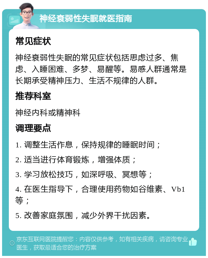 神经衰弱性失眠就医指南 常见症状 神经衰弱性失眠的常见症状包括思虑过多、焦虑、入睡困难、多梦、易醒等。易感人群通常是长期承受精神压力、生活不规律的人群。 推荐科室 神经内科或精神科 调理要点 1. 调整生活作息，保持规律的睡眠时间； 2. 适当进行体育锻炼，增强体质； 3. 学习放松技巧，如深呼吸、冥想等； 4. 在医生指导下，合理使用药物如谷维素、Vb1等； 5. 改善家庭氛围，减少外界干扰因素。