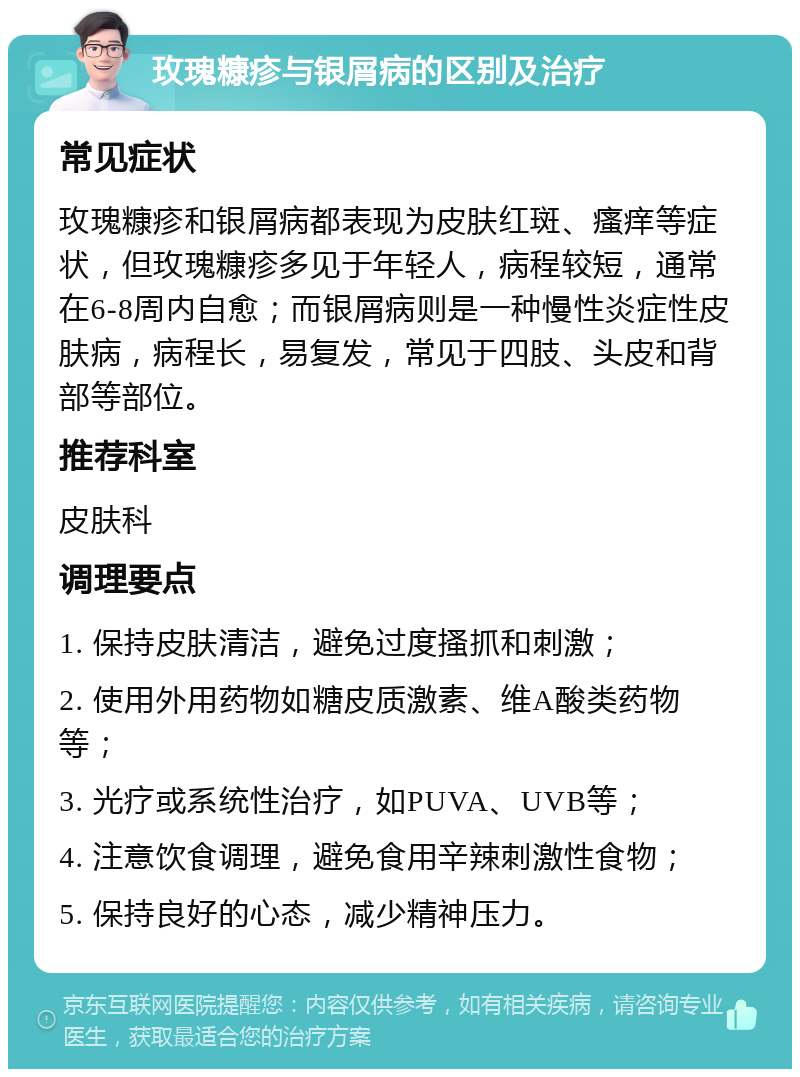 玫瑰糠疹与银屑病的区别及治疗 常见症状 玫瑰糠疹和银屑病都表现为皮肤红斑、瘙痒等症状，但玫瑰糠疹多见于年轻人，病程较短，通常在6-8周内自愈；而银屑病则是一种慢性炎症性皮肤病，病程长，易复发，常见于四肢、头皮和背部等部位。 推荐科室 皮肤科 调理要点 1. 保持皮肤清洁，避免过度搔抓和刺激； 2. 使用外用药物如糖皮质激素、维A酸类药物等； 3. 光疗或系统性治疗，如PUVA、UVB等； 4. 注意饮食调理，避免食用辛辣刺激性食物； 5. 保持良好的心态，减少精神压力。