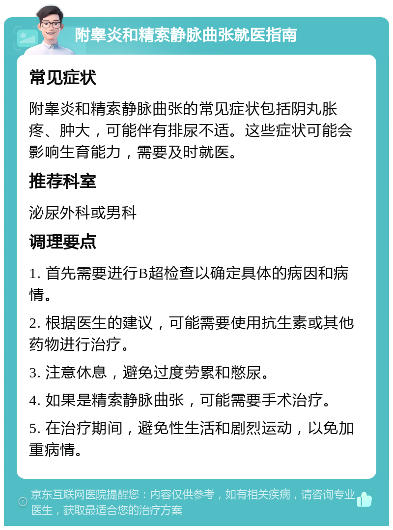 附睾炎和精索静脉曲张就医指南 常见症状 附睾炎和精索静脉曲张的常见症状包括阴丸胀疼、肿大，可能伴有排尿不适。这些症状可能会影响生育能力，需要及时就医。 推荐科室 泌尿外科或男科 调理要点 1. 首先需要进行B超检查以确定具体的病因和病情。 2. 根据医生的建议，可能需要使用抗生素或其他药物进行治疗。 3. 注意休息，避免过度劳累和憋尿。 4. 如果是精索静脉曲张，可能需要手术治疗。 5. 在治疗期间，避免性生活和剧烈运动，以免加重病情。