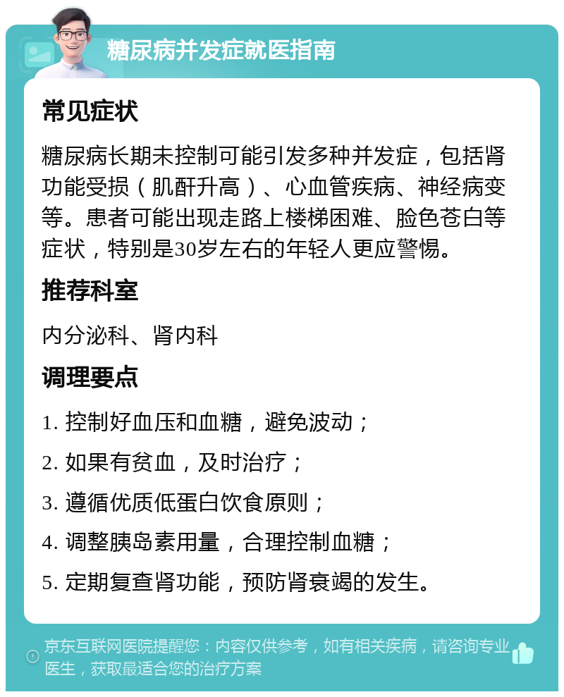 糖尿病并发症就医指南 常见症状 糖尿病长期未控制可能引发多种并发症，包括肾功能受损（肌酐升高）、心血管疾病、神经病变等。患者可能出现走路上楼梯困难、脸色苍白等症状，特别是30岁左右的年轻人更应警惕。 推荐科室 内分泌科、肾内科 调理要点 1. 控制好血压和血糖，避免波动； 2. 如果有贫血，及时治疗； 3. 遵循优质低蛋白饮食原则； 4. 调整胰岛素用量，合理控制血糖； 5. 定期复查肾功能，预防肾衰竭的发生。