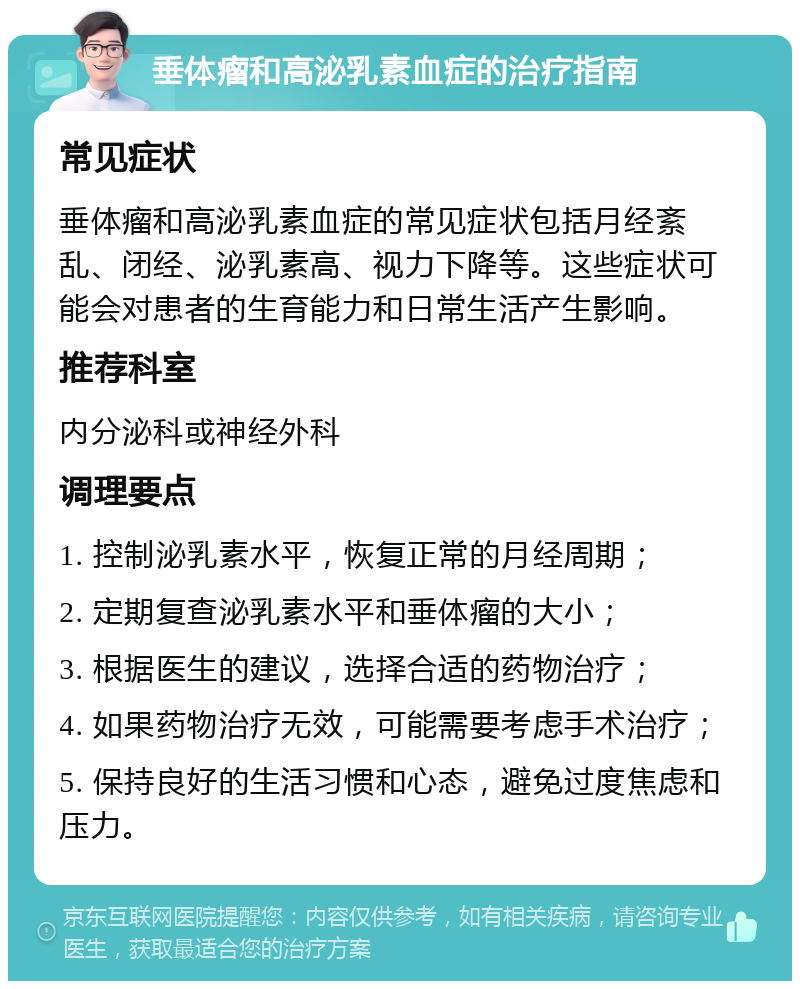 垂体瘤和高泌乳素血症的治疗指南 常见症状 垂体瘤和高泌乳素血症的常见症状包括月经紊乱、闭经、泌乳素高、视力下降等。这些症状可能会对患者的生育能力和日常生活产生影响。 推荐科室 内分泌科或神经外科 调理要点 1. 控制泌乳素水平，恢复正常的月经周期； 2. 定期复查泌乳素水平和垂体瘤的大小； 3. 根据医生的建议，选择合适的药物治疗； 4. 如果药物治疗无效，可能需要考虑手术治疗； 5. 保持良好的生活习惯和心态，避免过度焦虑和压力。