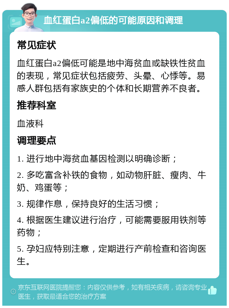 血红蛋白a2偏低的可能原因和调理 常见症状 血红蛋白a2偏低可能是地中海贫血或缺铁性贫血的表现，常见症状包括疲劳、头晕、心悸等。易感人群包括有家族史的个体和长期营养不良者。 推荐科室 血液科 调理要点 1. 进行地中海贫血基因检测以明确诊断； 2. 多吃富含补铁的食物，如动物肝脏、瘦肉、牛奶、鸡蛋等； 3. 规律作息，保持良好的生活习惯； 4. 根据医生建议进行治疗，可能需要服用铁剂等药物； 5. 孕妇应特别注意，定期进行产前检查和咨询医生。