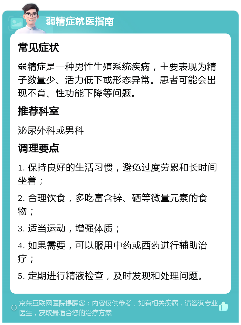 弱精症就医指南 常见症状 弱精症是一种男性生殖系统疾病，主要表现为精子数量少、活力低下或形态异常。患者可能会出现不育、性功能下降等问题。 推荐科室 泌尿外科或男科 调理要点 1. 保持良好的生活习惯，避免过度劳累和长时间坐着； 2. 合理饮食，多吃富含锌、硒等微量元素的食物； 3. 适当运动，增强体质； 4. 如果需要，可以服用中药或西药进行辅助治疗； 5. 定期进行精液检查，及时发现和处理问题。