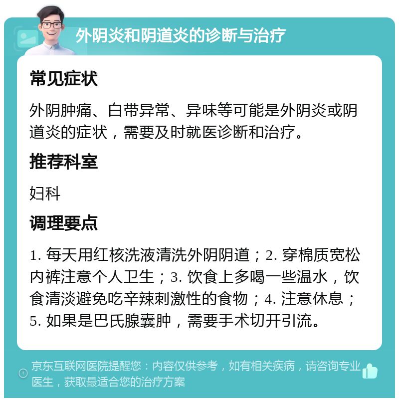 外阴炎和阴道炎的诊断与治疗 常见症状 外阴肿痛、白带异常、异味等可能是外阴炎或阴道炎的症状，需要及时就医诊断和治疗。 推荐科室 妇科 调理要点 1. 每天用红核洗液清洗外阴阴道；2. 穿棉质宽松内裤注意个人卫生；3. 饮食上多喝一些温水，饮食清淡避免吃辛辣刺激性的食物；4. 注意休息；5. 如果是巴氏腺囊肿，需要手术切开引流。