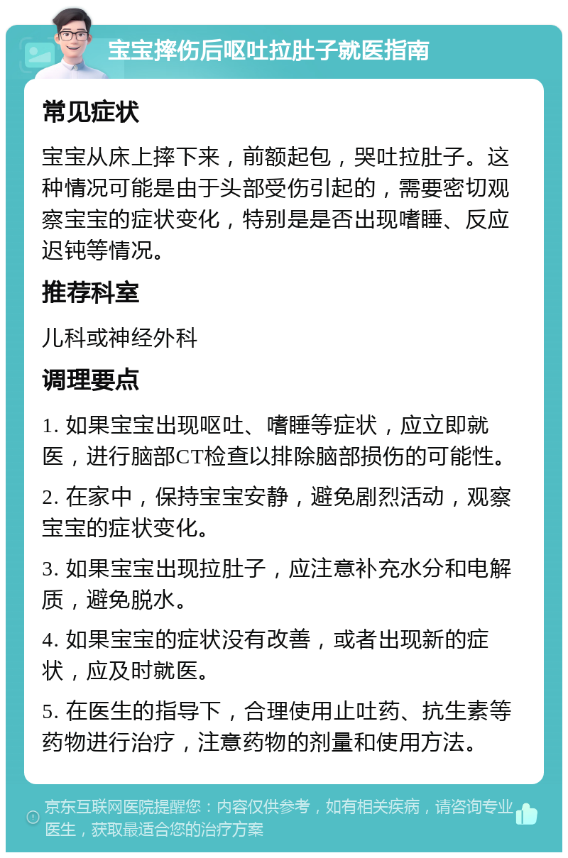 宝宝摔伤后呕吐拉肚子就医指南 常见症状 宝宝从床上摔下来，前额起包，哭吐拉肚子。这种情况可能是由于头部受伤引起的，需要密切观察宝宝的症状变化，特别是是否出现嗜睡、反应迟钝等情况。 推荐科室 儿科或神经外科 调理要点 1. 如果宝宝出现呕吐、嗜睡等症状，应立即就医，进行脑部CT检查以排除脑部损伤的可能性。 2. 在家中，保持宝宝安静，避免剧烈活动，观察宝宝的症状变化。 3. 如果宝宝出现拉肚子，应注意补充水分和电解质，避免脱水。 4. 如果宝宝的症状没有改善，或者出现新的症状，应及时就医。 5. 在医生的指导下，合理使用止吐药、抗生素等药物进行治疗，注意药物的剂量和使用方法。