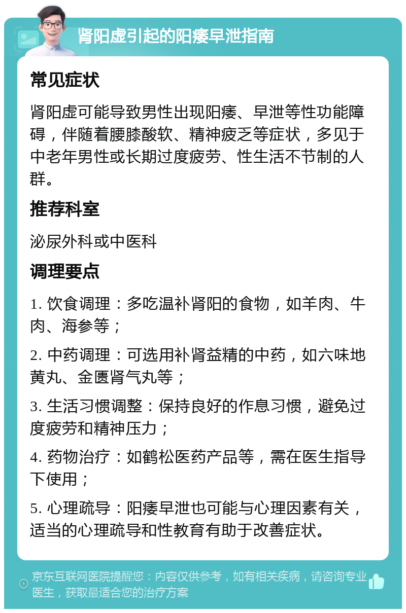 肾阳虚引起的阳痿早泄指南 常见症状 肾阳虚可能导致男性出现阳痿、早泄等性功能障碍，伴随着腰膝酸软、精神疲乏等症状，多见于中老年男性或长期过度疲劳、性生活不节制的人群。 推荐科室 泌尿外科或中医科 调理要点 1. 饮食调理：多吃温补肾阳的食物，如羊肉、牛肉、海参等； 2. 中药调理：可选用补肾益精的中药，如六味地黄丸、金匮肾气丸等； 3. 生活习惯调整：保持良好的作息习惯，避免过度疲劳和精神压力； 4. 药物治疗：如鹤松医药产品等，需在医生指导下使用； 5. 心理疏导：阳痿早泄也可能与心理因素有关，适当的心理疏导和性教育有助于改善症状。