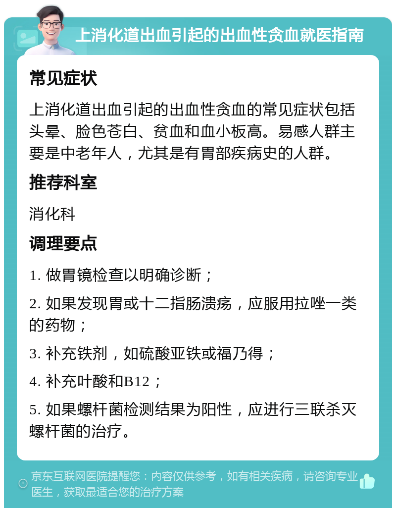 上消化道出血引起的出血性贪血就医指南 常见症状 上消化道出血引起的出血性贪血的常见症状包括头晕、脸色苍白、贫血和血小板高。易感人群主要是中老年人，尤其是有胃部疾病史的人群。 推荐科室 消化科 调理要点 1. 做胃镜检查以明确诊断； 2. 如果发现胃或十二指肠溃疡，应服用拉唑一类的药物； 3. 补充铁剂，如硫酸亚铁或福乃得； 4. 补充叶酸和B12； 5. 如果螺杆菌检测结果为阳性，应进行三联杀灭螺杆菌的治疗。