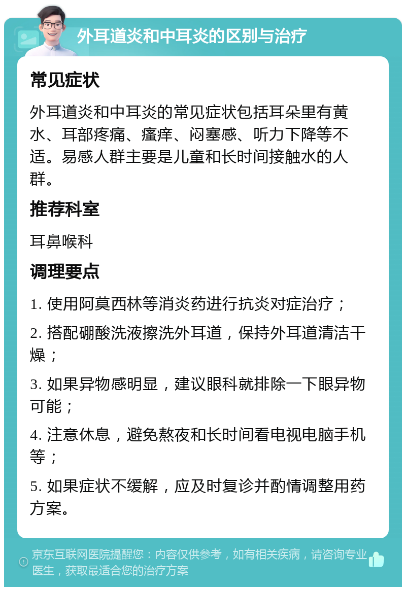 外耳道炎和中耳炎的区别与治疗 常见症状 外耳道炎和中耳炎的常见症状包括耳朵里有黄水、耳部疼痛、瘙痒、闷塞感、听力下降等不适。易感人群主要是儿童和长时间接触水的人群。 推荐科室 耳鼻喉科 调理要点 1. 使用阿莫西林等消炎药进行抗炎对症治疗； 2. 搭配硼酸洗液擦洗外耳道，保持外耳道清洁干燥； 3. 如果异物感明显，建议眼科就排除一下眼异物可能； 4. 注意休息，避免熬夜和长时间看电视电脑手机等； 5. 如果症状不缓解，应及时复诊并酌情调整用药方案。