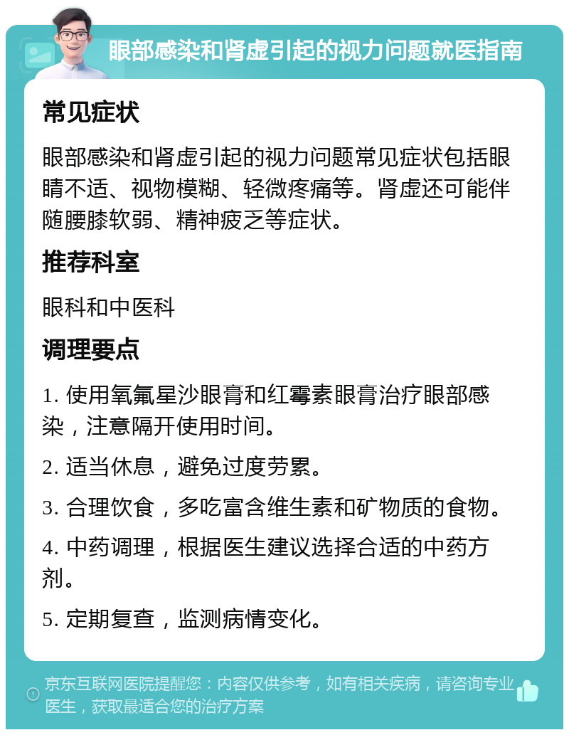 眼部感染和肾虚引起的视力问题就医指南 常见症状 眼部感染和肾虚引起的视力问题常见症状包括眼睛不适、视物模糊、轻微疼痛等。肾虚还可能伴随腰膝软弱、精神疲乏等症状。 推荐科室 眼科和中医科 调理要点 1. 使用氧氟星沙眼膏和红霉素眼膏治疗眼部感染，注意隔开使用时间。 2. 适当休息，避免过度劳累。 3. 合理饮食，多吃富含维生素和矿物质的食物。 4. 中药调理，根据医生建议选择合适的中药方剂。 5. 定期复查，监测病情变化。