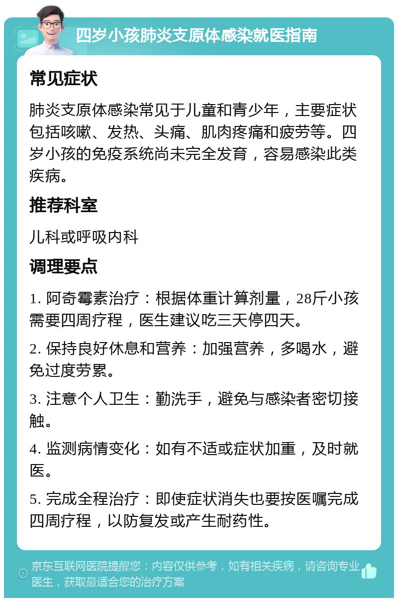 四岁小孩肺炎支原体感染就医指南 常见症状 肺炎支原体感染常见于儿童和青少年，主要症状包括咳嗽、发热、头痛、肌肉疼痛和疲劳等。四岁小孩的免疫系统尚未完全发育，容易感染此类疾病。 推荐科室 儿科或呼吸内科 调理要点 1. 阿奇霉素治疗：根据体重计算剂量，28斤小孩需要四周疗程，医生建议吃三天停四天。 2. 保持良好休息和营养：加强营养，多喝水，避免过度劳累。 3. 注意个人卫生：勤洗手，避免与感染者密切接触。 4. 监测病情变化：如有不适或症状加重，及时就医。 5. 完成全程治疗：即使症状消失也要按医嘱完成四周疗程，以防复发或产生耐药性。