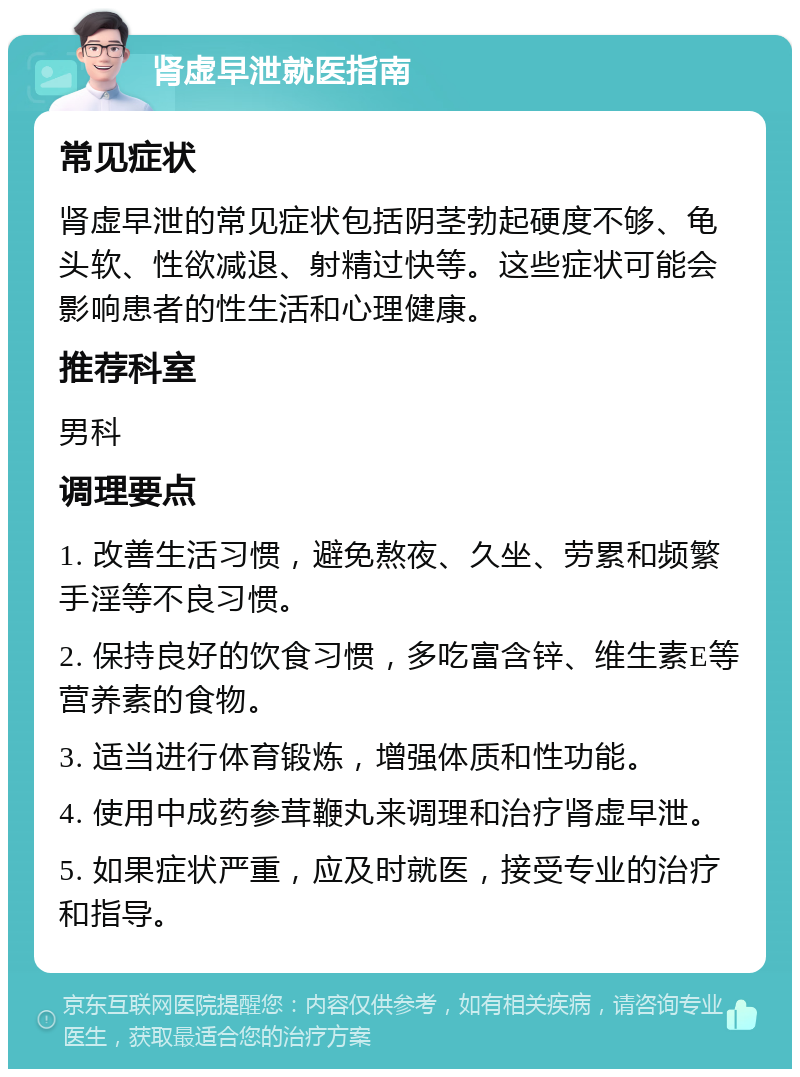 肾虚早泄就医指南 常见症状 肾虚早泄的常见症状包括阴茎勃起硬度不够、龟头软、性欲减退、射精过快等。这些症状可能会影响患者的性生活和心理健康。 推荐科室 男科 调理要点 1. 改善生活习惯，避免熬夜、久坐、劳累和频繁手淫等不良习惯。 2. 保持良好的饮食习惯，多吃富含锌、维生素E等营养素的食物。 3. 适当进行体育锻炼，增强体质和性功能。 4. 使用中成药参茸鞭丸来调理和治疗肾虚早泄。 5. 如果症状严重，应及时就医，接受专业的治疗和指导。