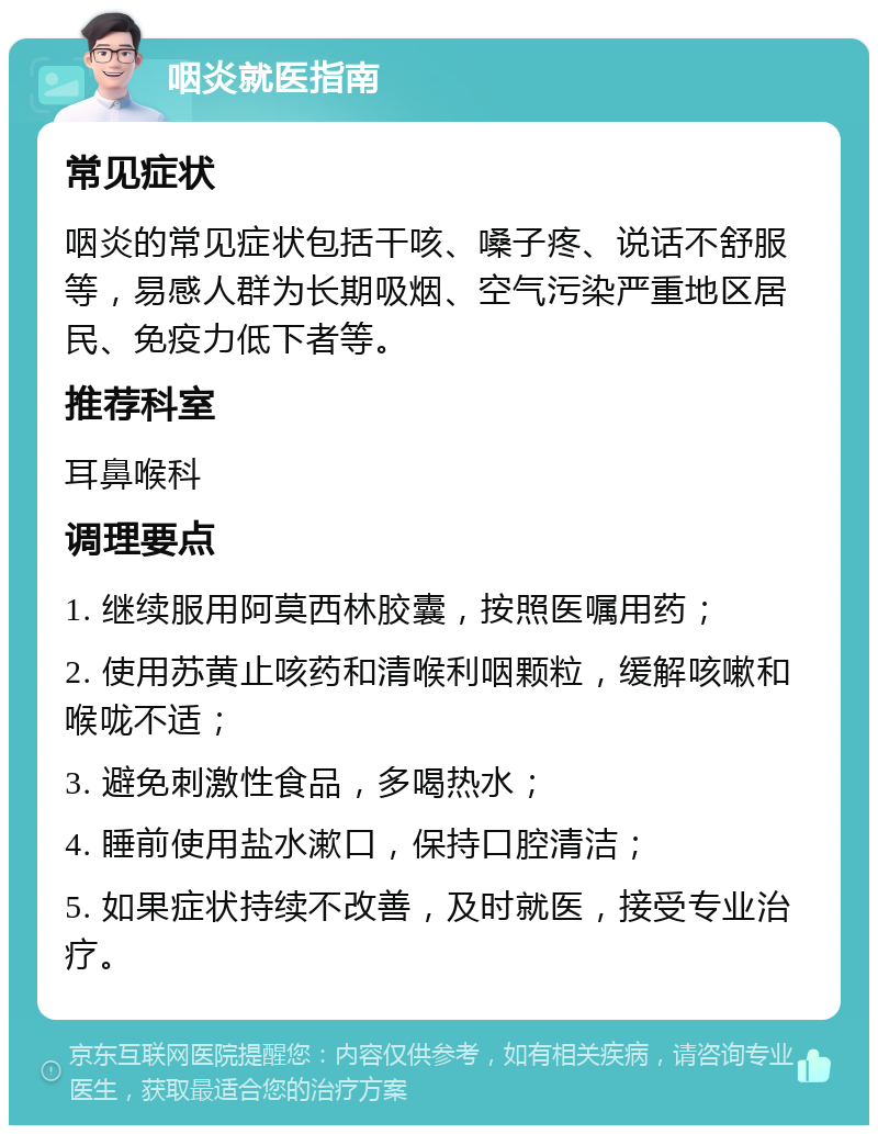 咽炎就医指南 常见症状 咽炎的常见症状包括干咳、嗓子疼、说话不舒服等，易感人群为长期吸烟、空气污染严重地区居民、免疫力低下者等。 推荐科室 耳鼻喉科 调理要点 1. 继续服用阿莫西林胶囊，按照医嘱用药； 2. 使用苏黄止咳药和清喉利咽颗粒，缓解咳嗽和喉咙不适； 3. 避免刺激性食品，多喝热水； 4. 睡前使用盐水漱口，保持口腔清洁； 5. 如果症状持续不改善，及时就医，接受专业治疗。