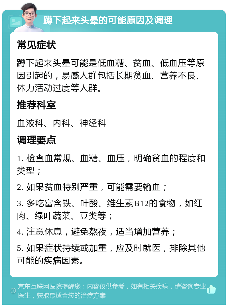 蹲下起来头晕的可能原因及调理 常见症状 蹲下起来头晕可能是低血糖、贫血、低血压等原因引起的，易感人群包括长期贫血、营养不良、体力活动过度等人群。 推荐科室 血液科、内科、神经科 调理要点 1. 检查血常规、血糖、血压，明确贫血的程度和类型； 2. 如果贫血特别严重，可能需要输血； 3. 多吃富含铁、叶酸、维生素B12的食物，如红肉、绿叶蔬菜、豆类等； 4. 注意休息，避免熬夜，适当增加营养； 5. 如果症状持续或加重，应及时就医，排除其他可能的疾病因素。