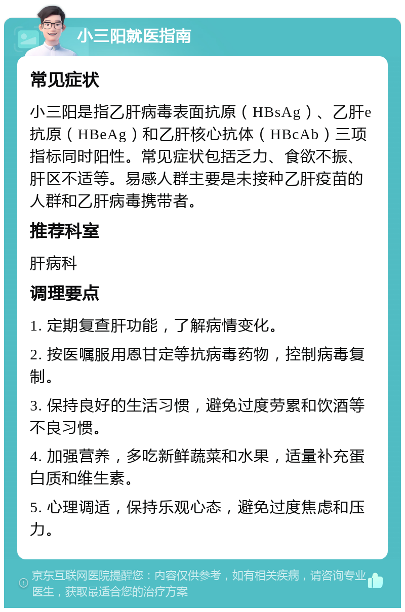 小三阳就医指南 常见症状 小三阳是指乙肝病毒表面抗原（HBsAg）、乙肝e抗原（HBeAg）和乙肝核心抗体（HBcAb）三项指标同时阳性。常见症状包括乏力、食欲不振、肝区不适等。易感人群主要是未接种乙肝疫苗的人群和乙肝病毒携带者。 推荐科室 肝病科 调理要点 1. 定期复查肝功能，了解病情变化。 2. 按医嘱服用恩甘定等抗病毒药物，控制病毒复制。 3. 保持良好的生活习惯，避免过度劳累和饮酒等不良习惯。 4. 加强营养，多吃新鲜蔬菜和水果，适量补充蛋白质和维生素。 5. 心理调适，保持乐观心态，避免过度焦虑和压力。