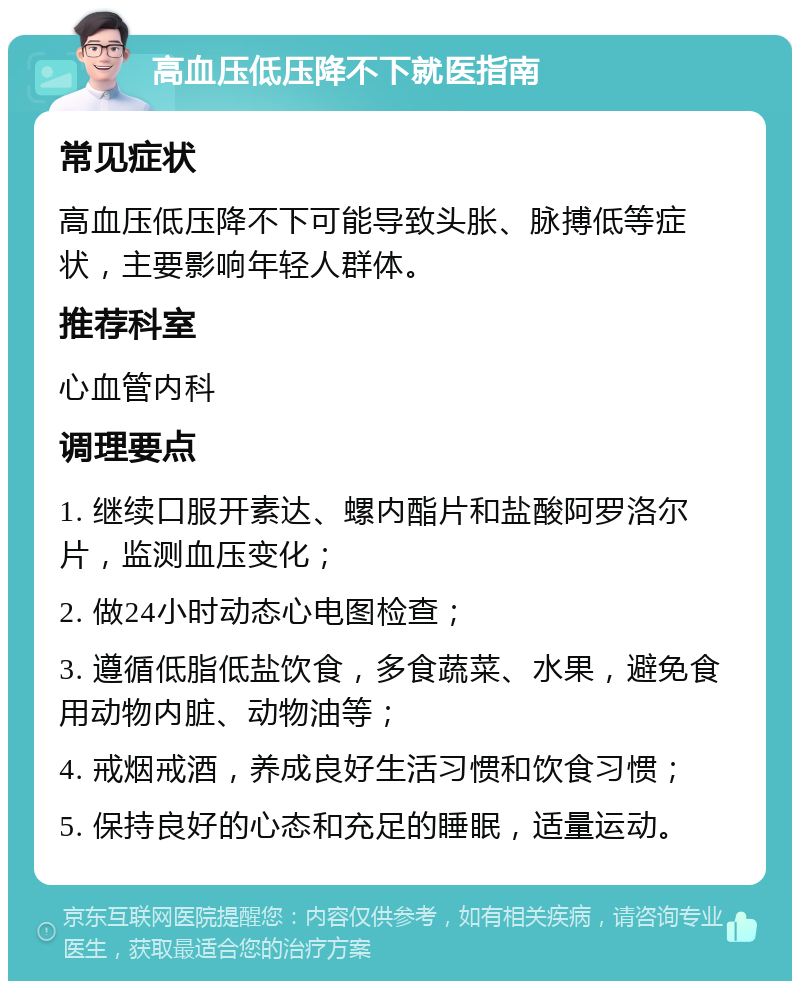 高血压低压降不下就医指南 常见症状 高血压低压降不下可能导致头胀、脉搏低等症状，主要影响年轻人群体。 推荐科室 心血管内科 调理要点 1. 继续口服开素达、螺内酯片和盐酸阿罗洛尔片，监测血压变化； 2. 做24小时动态心电图检查； 3. 遵循低脂低盐饮食，多食蔬菜、水果，避免食用动物内脏、动物油等； 4. 戒烟戒酒，养成良好生活习惯和饮食习惯； 5. 保持良好的心态和充足的睡眠，适量运动。