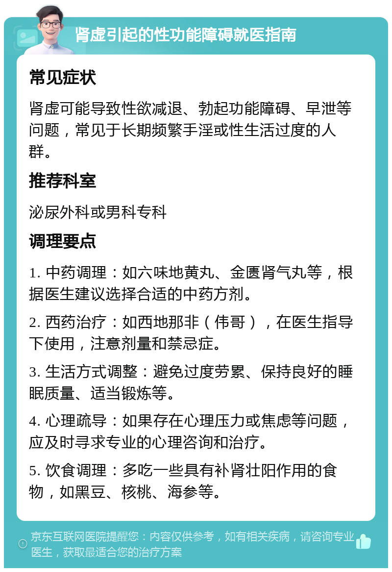 肾虚引起的性功能障碍就医指南 常见症状 肾虚可能导致性欲减退、勃起功能障碍、早泄等问题，常见于长期频繁手淫或性生活过度的人群。 推荐科室 泌尿外科或男科专科 调理要点 1. 中药调理：如六味地黄丸、金匮肾气丸等，根据医生建议选择合适的中药方剂。 2. 西药治疗：如西地那非（伟哥），在医生指导下使用，注意剂量和禁忌症。 3. 生活方式调整：避免过度劳累、保持良好的睡眠质量、适当锻炼等。 4. 心理疏导：如果存在心理压力或焦虑等问题，应及时寻求专业的心理咨询和治疗。 5. 饮食调理：多吃一些具有补肾壮阳作用的食物，如黑豆、核桃、海参等。