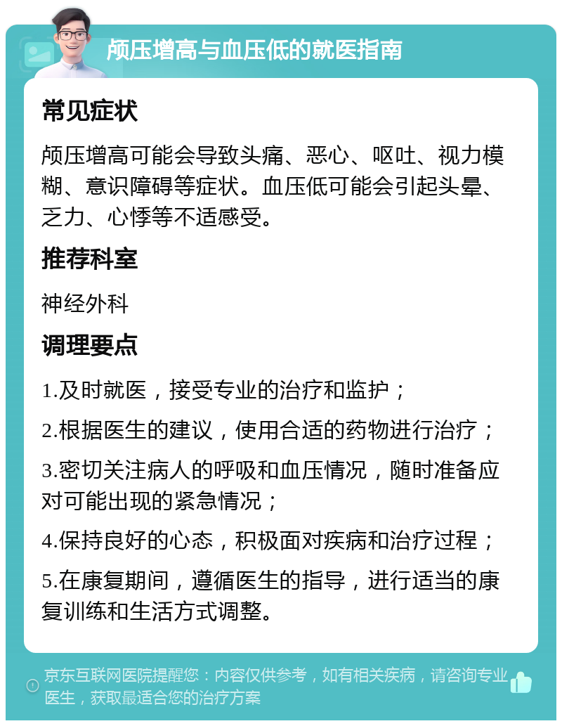 颅压增高与血压低的就医指南 常见症状 颅压增高可能会导致头痛、恶心、呕吐、视力模糊、意识障碍等症状。血压低可能会引起头晕、乏力、心悸等不适感受。 推荐科室 神经外科 调理要点 1.及时就医，接受专业的治疗和监护； 2.根据医生的建议，使用合适的药物进行治疗； 3.密切关注病人的呼吸和血压情况，随时准备应对可能出现的紧急情况； 4.保持良好的心态，积极面对疾病和治疗过程； 5.在康复期间，遵循医生的指导，进行适当的康复训练和生活方式调整。