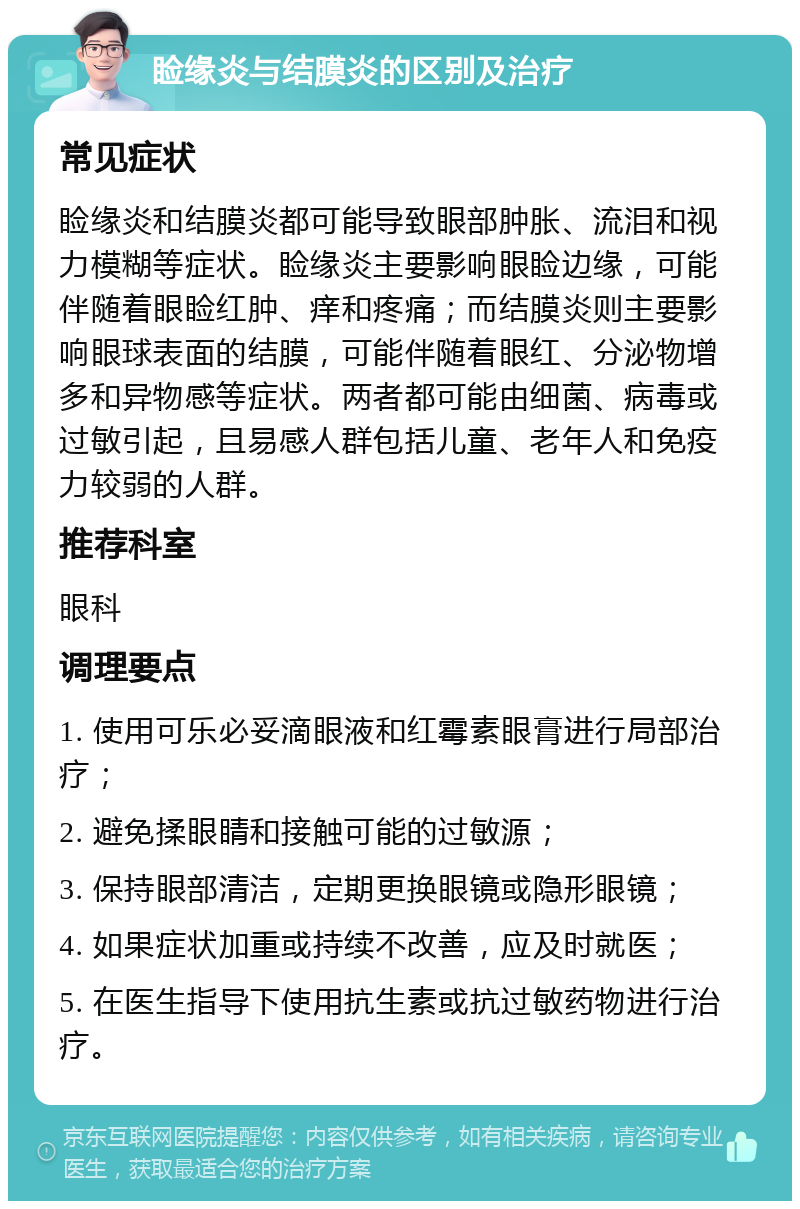 睑缘炎与结膜炎的区别及治疗 常见症状 睑缘炎和结膜炎都可能导致眼部肿胀、流泪和视力模糊等症状。睑缘炎主要影响眼睑边缘，可能伴随着眼睑红肿、痒和疼痛；而结膜炎则主要影响眼球表面的结膜，可能伴随着眼红、分泌物增多和异物感等症状。两者都可能由细菌、病毒或过敏引起，且易感人群包括儿童、老年人和免疫力较弱的人群。 推荐科室 眼科 调理要点 1. 使用可乐必妥滴眼液和红霉素眼膏进行局部治疗； 2. 避免揉眼睛和接触可能的过敏源； 3. 保持眼部清洁，定期更换眼镜或隐形眼镜； 4. 如果症状加重或持续不改善，应及时就医； 5. 在医生指导下使用抗生素或抗过敏药物进行治疗。