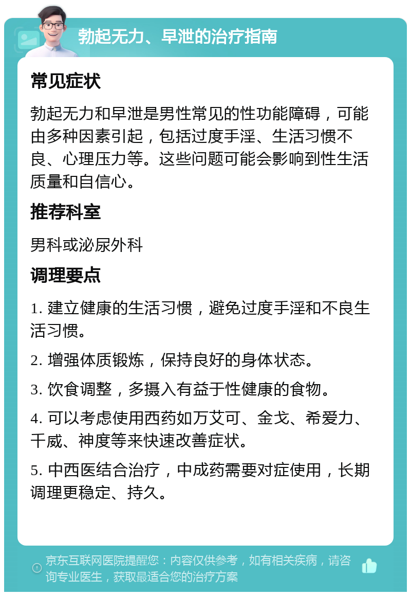 勃起无力、早泄的治疗指南 常见症状 勃起无力和早泄是男性常见的性功能障碍，可能由多种因素引起，包括过度手淫、生活习惯不良、心理压力等。这些问题可能会影响到性生活质量和自信心。 推荐科室 男科或泌尿外科 调理要点 1. 建立健康的生活习惯，避免过度手淫和不良生活习惯。 2. 增强体质锻炼，保持良好的身体状态。 3. 饮食调整，多摄入有益于性健康的食物。 4. 可以考虑使用西药如万艾可、金戈、希爱力、千威、神度等来快速改善症状。 5. 中西医结合治疗，中成药需要对症使用，长期调理更稳定、持久。