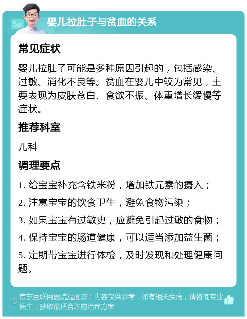 婴儿拉肚子与贫血的关系 常见症状 婴儿拉肚子可能是多种原因引起的，包括感染、过敏、消化不良等。贫血在婴儿中较为常见，主要表现为皮肤苍白、食欲不振、体重增长缓慢等症状。 推荐科室 儿科 调理要点 1. 给宝宝补充含铁米粉，增加铁元素的摄入； 2. 注意宝宝的饮食卫生，避免食物污染； 3. 如果宝宝有过敏史，应避免引起过敏的食物； 4. 保持宝宝的肠道健康，可以适当添加益生菌； 5. 定期带宝宝进行体检，及时发现和处理健康问题。