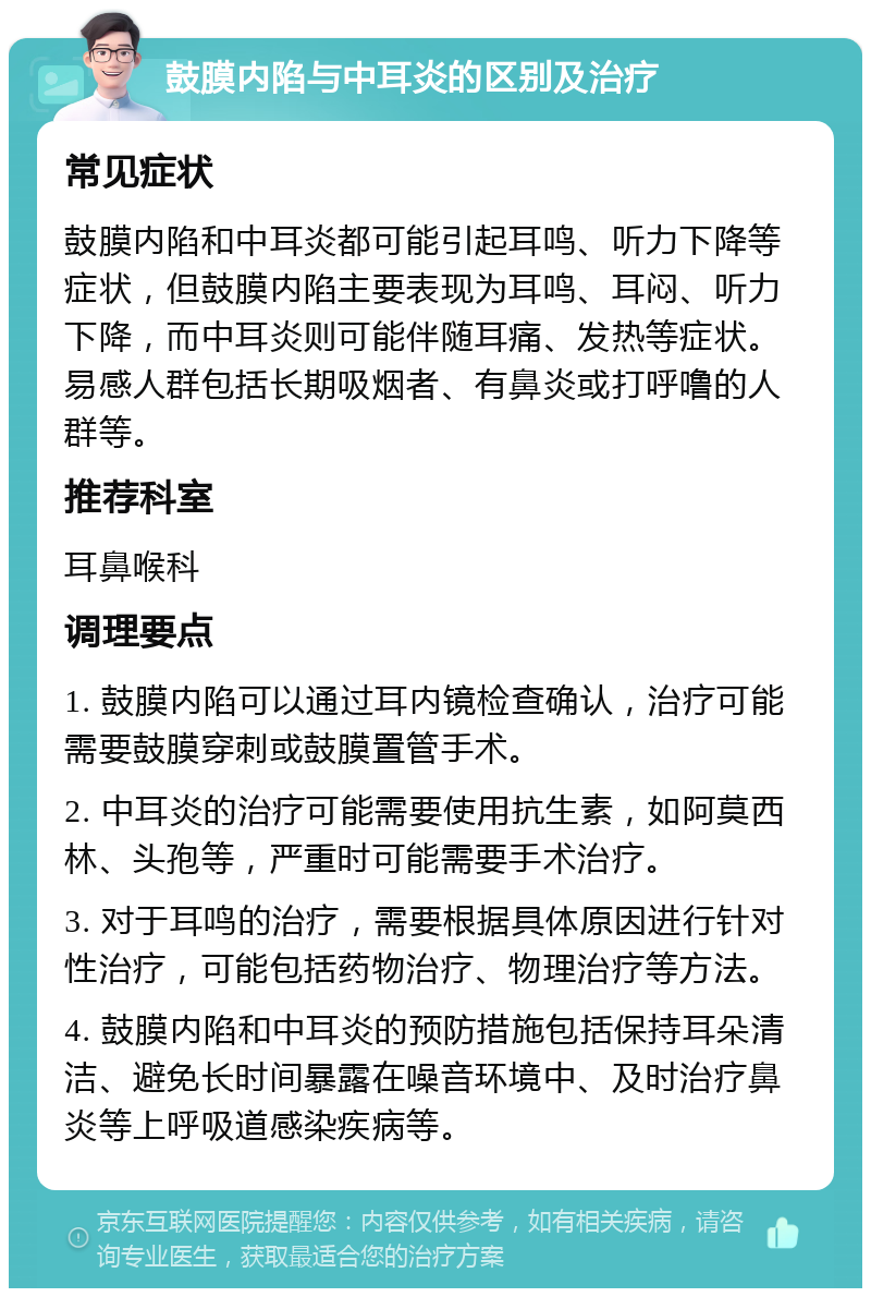 鼓膜内陷与中耳炎的区别及治疗 常见症状 鼓膜内陷和中耳炎都可能引起耳鸣、听力下降等症状，但鼓膜内陷主要表现为耳鸣、耳闷、听力下降，而中耳炎则可能伴随耳痛、发热等症状。易感人群包括长期吸烟者、有鼻炎或打呼噜的人群等。 推荐科室 耳鼻喉科 调理要点 1. 鼓膜内陷可以通过耳内镜检查确认，治疗可能需要鼓膜穿刺或鼓膜置管手术。 2. 中耳炎的治疗可能需要使用抗生素，如阿莫西林、头孢等，严重时可能需要手术治疗。 3. 对于耳鸣的治疗，需要根据具体原因进行针对性治疗，可能包括药物治疗、物理治疗等方法。 4. 鼓膜内陷和中耳炎的预防措施包括保持耳朵清洁、避免长时间暴露在噪音环境中、及时治疗鼻炎等上呼吸道感染疾病等。