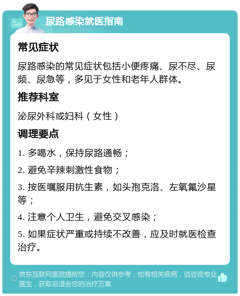 尿路感染就医指南 常见症状 尿路感染的常见症状包括小便疼痛、尿不尽、尿频、尿急等，多见于女性和老年人群体。 推荐科室 泌尿外科或妇科（女性） 调理要点 1. 多喝水，保持尿路通畅； 2. 避免辛辣刺激性食物； 3. 按医嘱服用抗生素，如头孢克洛、左氧氟沙星等； 4. 注意个人卫生，避免交叉感染； 5. 如果症状严重或持续不改善，应及时就医检查治疗。