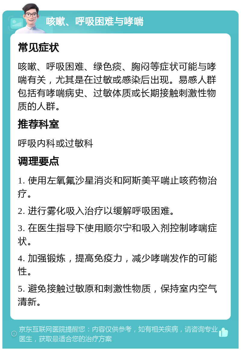 咳嗽、呼吸困难与哮喘 常见症状 咳嗽、呼吸困难、绿色痰、胸闷等症状可能与哮喘有关，尤其是在过敏或感染后出现。易感人群包括有哮喘病史、过敏体质或长期接触刺激性物质的人群。 推荐科室 呼吸内科或过敏科 调理要点 1. 使用左氧氟沙星消炎和阿斯美平喘止咳药物治疗。 2. 进行雾化吸入治疗以缓解呼吸困难。 3. 在医生指导下使用顺尔宁和吸入剂控制哮喘症状。 4. 加强锻炼，提高免疫力，减少哮喘发作的可能性。 5. 避免接触过敏原和刺激性物质，保持室内空气清新。