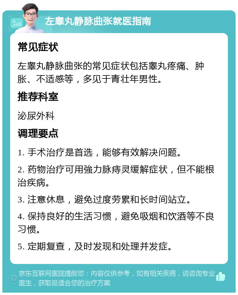 左睾丸静脉曲张就医指南 常见症状 左睾丸静脉曲张的常见症状包括睾丸疼痛、肿胀、不适感等，多见于青壮年男性。 推荐科室 泌尿外科 调理要点 1. 手术治疗是首选，能够有效解决问题。 2. 药物治疗可用強力脉痔灵缓解症状，但不能根治疾病。 3. 注意休息，避免过度劳累和长时间站立。 4. 保持良好的生活习惯，避免吸烟和饮酒等不良习惯。 5. 定期复查，及时发现和处理并发症。