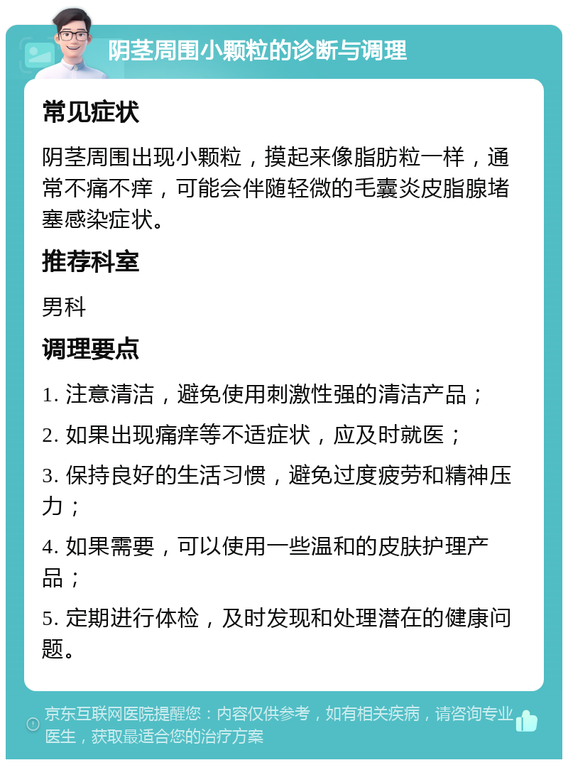 阴茎周围小颗粒的诊断与调理 常见症状 阴茎周围出现小颗粒，摸起来像脂肪粒一样，通常不痛不痒，可能会伴随轻微的毛囊炎皮脂腺堵塞感染症状。 推荐科室 男科 调理要点 1. 注意清洁，避免使用刺激性强的清洁产品； 2. 如果出现痛痒等不适症状，应及时就医； 3. 保持良好的生活习惯，避免过度疲劳和精神压力； 4. 如果需要，可以使用一些温和的皮肤护理产品； 5. 定期进行体检，及时发现和处理潜在的健康问题。