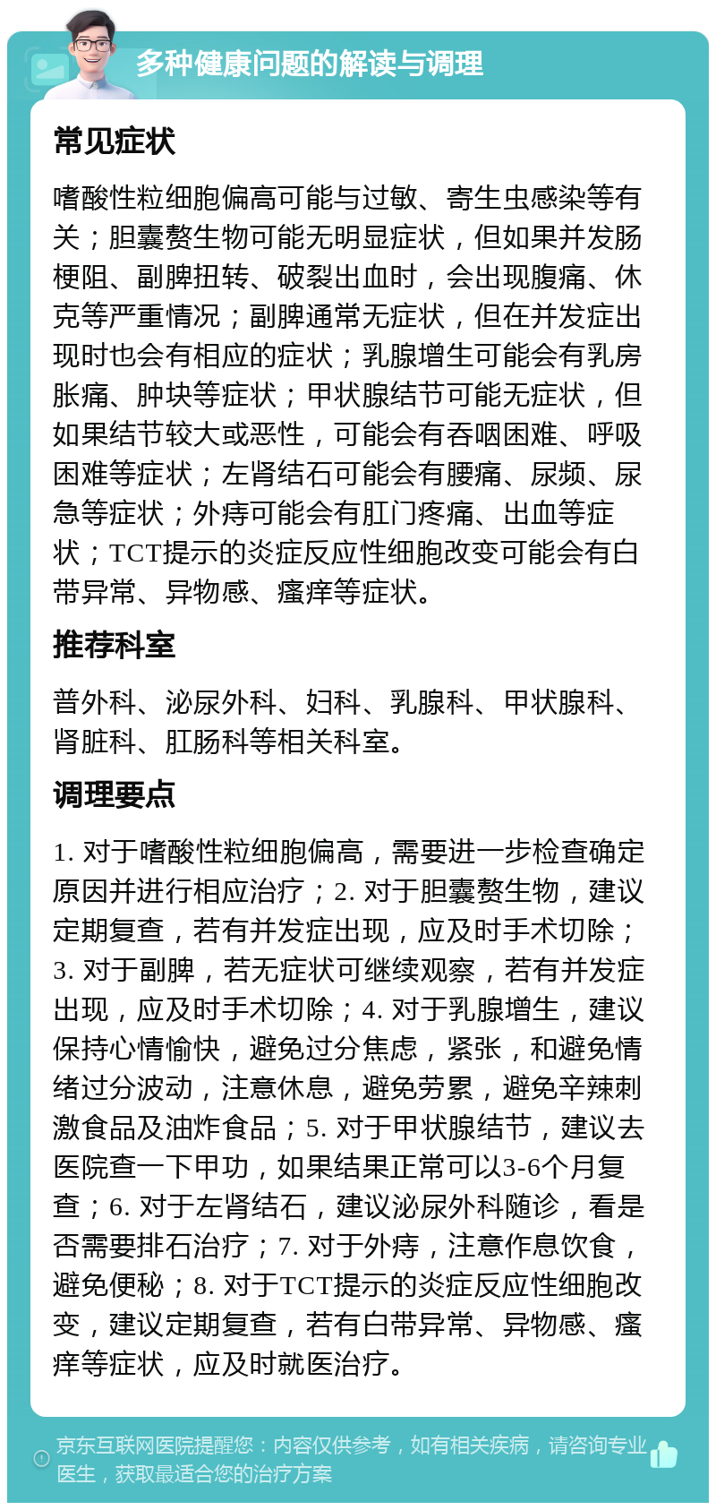 多种健康问题的解读与调理 常见症状 嗜酸性粒细胞偏高可能与过敏、寄生虫感染等有关；胆囊赘生物可能无明显症状，但如果并发肠梗阻、副脾扭转、破裂出血时，会出现腹痛、休克等严重情况；副脾通常无症状，但在并发症出现时也会有相应的症状；乳腺增生可能会有乳房胀痛、肿块等症状；甲状腺结节可能无症状，但如果结节较大或恶性，可能会有吞咽困难、呼吸困难等症状；左肾结石可能会有腰痛、尿频、尿急等症状；外痔可能会有肛门疼痛、出血等症状；TCT提示的炎症反应性细胞改变可能会有白带异常、异物感、瘙痒等症状。 推荐科室 普外科、泌尿外科、妇科、乳腺科、甲状腺科、肾脏科、肛肠科等相关科室。 调理要点 1. 对于嗜酸性粒细胞偏高，需要进一步检查确定原因并进行相应治疗；2. 对于胆囊赘生物，建议定期复查，若有并发症出现，应及时手术切除；3. 对于副脾，若无症状可继续观察，若有并发症出现，应及时手术切除；4. 对于乳腺增生，建议保持心情愉快，避免过分焦虑，紧张，和避免情绪过分波动，注意休息，避免劳累，避免辛辣刺激食品及油炸食品；5. 对于甲状腺结节，建议去医院查一下甲功，如果结果正常可以3-6个月复查；6. 对于左肾结石，建议泌尿外科随诊，看是否需要排石治疗；7. 对于外痔，注意作息饮食，避免便秘；8. 对于TCT提示的炎症反应性细胞改变，建议定期复查，若有白带异常、异物感、瘙痒等症状，应及时就医治疗。