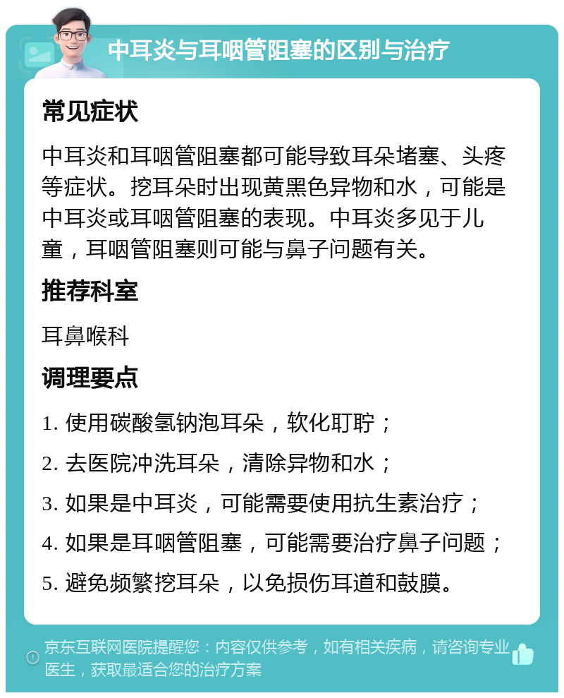 中耳炎与耳咽管阻塞的区别与治疗 常见症状 中耳炎和耳咽管阻塞都可能导致耳朵堵塞、头疼等症状。挖耳朵时出现黄黑色异物和水，可能是中耳炎或耳咽管阻塞的表现。中耳炎多见于儿童，耳咽管阻塞则可能与鼻子问题有关。 推荐科室 耳鼻喉科 调理要点 1. 使用碳酸氢钠泡耳朵，软化耵聍； 2. 去医院冲洗耳朵，清除异物和水； 3. 如果是中耳炎，可能需要使用抗生素治疗； 4. 如果是耳咽管阻塞，可能需要治疗鼻子问题； 5. 避免频繁挖耳朵，以免损伤耳道和鼓膜。