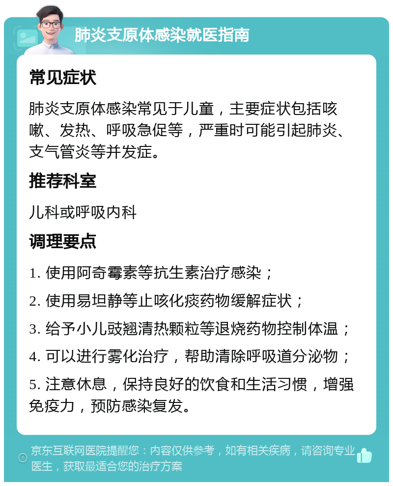 肺炎支原体感染就医指南 常见症状 肺炎支原体感染常见于儿童，主要症状包括咳嗽、发热、呼吸急促等，严重时可能引起肺炎、支气管炎等并发症。 推荐科室 儿科或呼吸内科 调理要点 1. 使用阿奇霉素等抗生素治疗感染； 2. 使用易坦静等止咳化痰药物缓解症状； 3. 给予小儿豉翘清热颗粒等退烧药物控制体温； 4. 可以进行雾化治疗，帮助清除呼吸道分泌物； 5. 注意休息，保持良好的饮食和生活习惯，增强免疫力，预防感染复发。