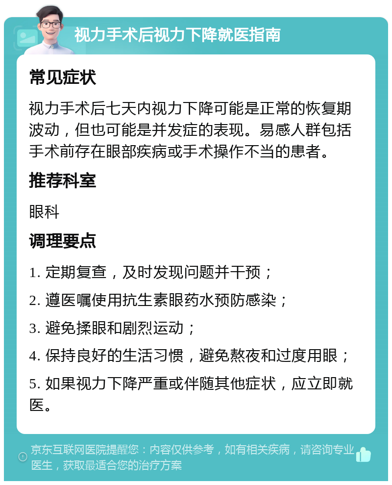 视力手术后视力下降就医指南 常见症状 视力手术后七天内视力下降可能是正常的恢复期波动，但也可能是并发症的表现。易感人群包括手术前存在眼部疾病或手术操作不当的患者。 推荐科室 眼科 调理要点 1. 定期复查，及时发现问题并干预； 2. 遵医嘱使用抗生素眼药水预防感染； 3. 避免揉眼和剧烈运动； 4. 保持良好的生活习惯，避免熬夜和过度用眼； 5. 如果视力下降严重或伴随其他症状，应立即就医。