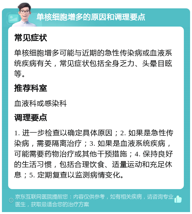 单核细胞增多的原因和调理要点 常见症状 单核细胞增多可能与近期的急性传染病或血液系统疾病有关，常见症状包括全身乏力、头晕目眩等。 推荐科室 血液科或感染科 调理要点 1. 进一步检查以确定具体原因；2. 如果是急性传染病，需要隔离治疗；3. 如果是血液系统疾病，可能需要药物治疗或其他干预措施；4. 保持良好的生活习惯，包括合理饮食、适量运动和充足休息；5. 定期复查以监测病情变化。