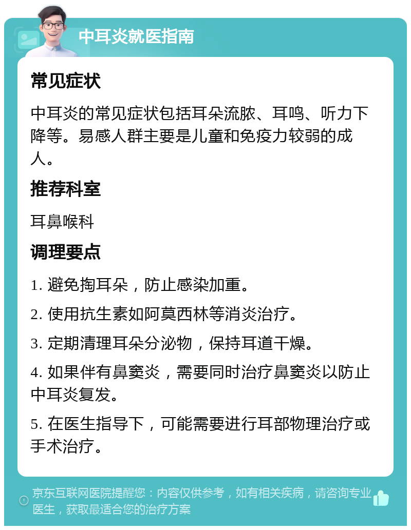 中耳炎就医指南 常见症状 中耳炎的常见症状包括耳朵流脓、耳鸣、听力下降等。易感人群主要是儿童和免疫力较弱的成人。 推荐科室 耳鼻喉科 调理要点 1. 避免掏耳朵，防止感染加重。 2. 使用抗生素如阿莫西林等消炎治疗。 3. 定期清理耳朵分泌物，保持耳道干燥。 4. 如果伴有鼻窦炎，需要同时治疗鼻窦炎以防止中耳炎复发。 5. 在医生指导下，可能需要进行耳部物理治疗或手术治疗。