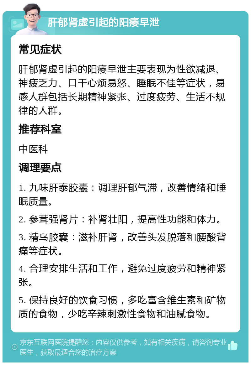 肝郁肾虚引起的阳痿早泄 常见症状 肝郁肾虚引起的阳痿早泄主要表现为性欲减退、神疲乏力、口干心烦易怒、睡眠不佳等症状，易感人群包括长期精神紧张、过度疲劳、生活不规律的人群。 推荐科室 中医科 调理要点 1. 九味肝泰胶囊：调理肝郁气滞，改善情绪和睡眠质量。 2. 参茸强肾片：补肾壮阳，提高性功能和体力。 3. 精乌胶囊：滋补肝肾，改善头发脱落和腰酸背痛等症状。 4. 合理安排生活和工作，避免过度疲劳和精神紧张。 5. 保持良好的饮食习惯，多吃富含维生素和矿物质的食物，少吃辛辣刺激性食物和油腻食物。