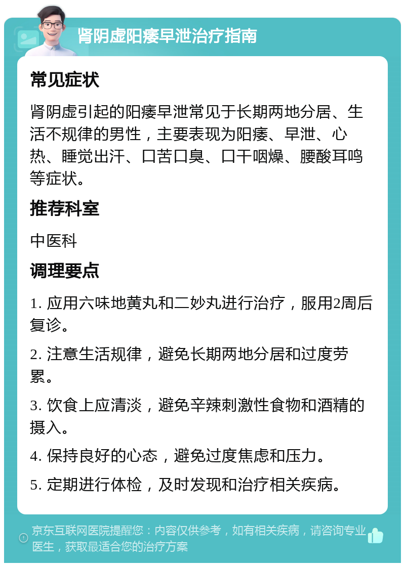 肾阴虚阳痿早泄治疗指南 常见症状 肾阴虚引起的阳痿早泄常见于长期两地分居、生活不规律的男性，主要表现为阳痿、早泄、心热、睡觉出汗、口苦口臭、口干咽燥、腰酸耳鸣等症状。 推荐科室 中医科 调理要点 1. 应用六味地黄丸和二妙丸进行治疗，服用2周后复诊。 2. 注意生活规律，避免长期两地分居和过度劳累。 3. 饮食上应清淡，避免辛辣刺激性食物和酒精的摄入。 4. 保持良好的心态，避免过度焦虑和压力。 5. 定期进行体检，及时发现和治疗相关疾病。