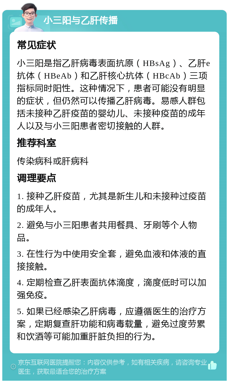 小三阳与乙肝传播 常见症状 小三阳是指乙肝病毒表面抗原（HBsAg）、乙肝e抗体（HBeAb）和乙肝核心抗体（HBcAb）三项指标同时阳性。这种情况下，患者可能没有明显的症状，但仍然可以传播乙肝病毒。易感人群包括未接种乙肝疫苗的婴幼儿、未接种疫苗的成年人以及与小三阳患者密切接触的人群。 推荐科室 传染病科或肝病科 调理要点 1. 接种乙肝疫苗，尤其是新生儿和未接种过疫苗的成年人。 2. 避免与小三阳患者共用餐具、牙刷等个人物品。 3. 在性行为中使用安全套，避免血液和体液的直接接触。 4. 定期检查乙肝表面抗体滴度，滴度低时可以加强免疫。 5. 如果已经感染乙肝病毒，应遵循医生的治疗方案，定期复查肝功能和病毒载量，避免过度劳累和饮酒等可能加重肝脏负担的行为。