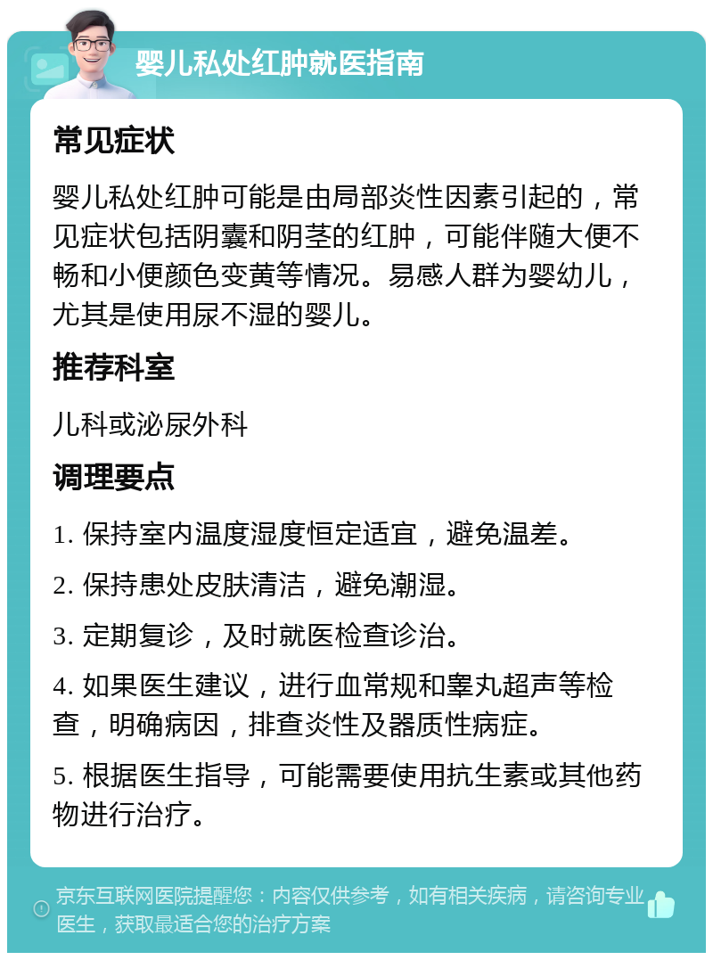 婴儿私处红肿就医指南 常见症状 婴儿私处红肿可能是由局部炎性因素引起的，常见症状包括阴囊和阴茎的红肿，可能伴随大便不畅和小便颜色变黄等情况。易感人群为婴幼儿，尤其是使用尿不湿的婴儿。 推荐科室 儿科或泌尿外科 调理要点 1. 保持室内温度湿度恒定适宜，避免温差。 2. 保持患处皮肤清洁，避免潮湿。 3. 定期复诊，及时就医检查诊治。 4. 如果医生建议，进行血常规和睾丸超声等检查，明确病因，排查炎性及器质性病症。 5. 根据医生指导，可能需要使用抗生素或其他药物进行治疗。