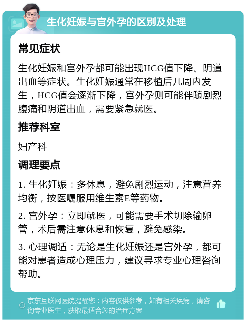 生化妊娠与宫外孕的区别及处理 常见症状 生化妊娠和宫外孕都可能出现HCG值下降、阴道出血等症状。生化妊娠通常在移植后几周内发生，HCG值会逐渐下降，宫外孕则可能伴随剧烈腹痛和阴道出血，需要紧急就医。 推荐科室 妇产科 调理要点 1. 生化妊娠：多休息，避免剧烈运动，注意营养均衡，按医嘱服用维生素E等药物。 2. 宫外孕：立即就医，可能需要手术切除输卵管，术后需注意休息和恢复，避免感染。 3. 心理调适：无论是生化妊娠还是宫外孕，都可能对患者造成心理压力，建议寻求专业心理咨询帮助。