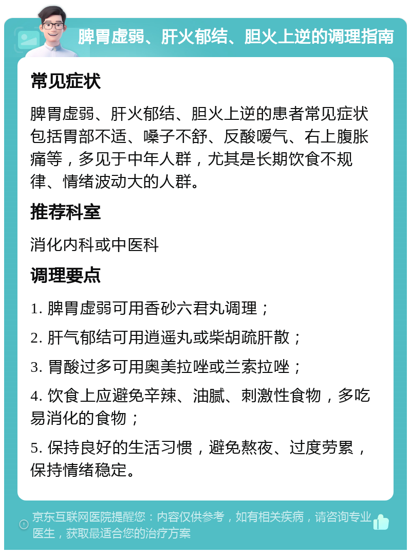 脾胃虚弱、肝火郁结、胆火上逆的调理指南 常见症状 脾胃虚弱、肝火郁结、胆火上逆的患者常见症状包括胃部不适、嗓子不舒、反酸嗳气、右上腹胀痛等，多见于中年人群，尤其是长期饮食不规律、情绪波动大的人群。 推荐科室 消化内科或中医科 调理要点 1. 脾胃虚弱可用香砂六君丸调理； 2. 肝气郁结可用逍遥丸或柴胡疏肝散； 3. 胃酸过多可用奥美拉唑或兰索拉唑； 4. 饮食上应避免辛辣、油腻、刺激性食物，多吃易消化的食物； 5. 保持良好的生活习惯，避免熬夜、过度劳累，保持情绪稳定。