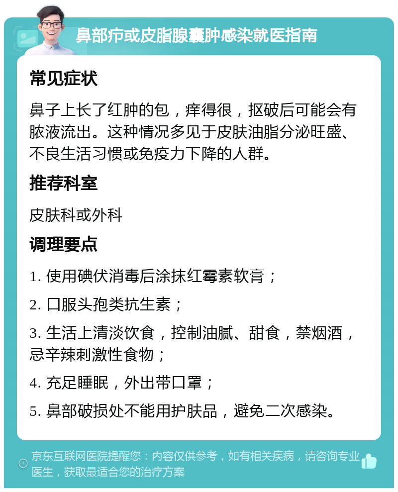 鼻部疖或皮脂腺囊肿感染就医指南 常见症状 鼻子上长了红肿的包，痒得很，抠破后可能会有脓液流出。这种情况多见于皮肤油脂分泌旺盛、不良生活习惯或免疫力下降的人群。 推荐科室 皮肤科或外科 调理要点 1. 使用碘伏消毒后涂抹红霉素软膏； 2. 口服头孢类抗生素； 3. 生活上清淡饮食，控制油腻、甜食，禁烟酒，忌辛辣刺激性食物； 4. 充足睡眠，外出带口罩； 5. 鼻部破损处不能用护肤品，避免二次感染。