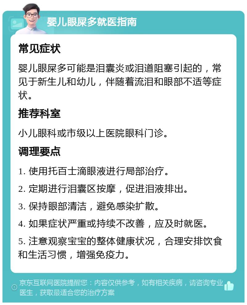 婴儿眼屎多就医指南 常见症状 婴儿眼屎多可能是泪囊炎或泪道阻塞引起的，常见于新生儿和幼儿，伴随着流泪和眼部不适等症状。 推荐科室 小儿眼科或市级以上医院眼科门诊。 调理要点 1. 使用托百士滴眼液进行局部治疗。 2. 定期进行泪囊区按摩，促进泪液排出。 3. 保持眼部清洁，避免感染扩散。 4. 如果症状严重或持续不改善，应及时就医。 5. 注意观察宝宝的整体健康状况，合理安排饮食和生活习惯，增强免疫力。