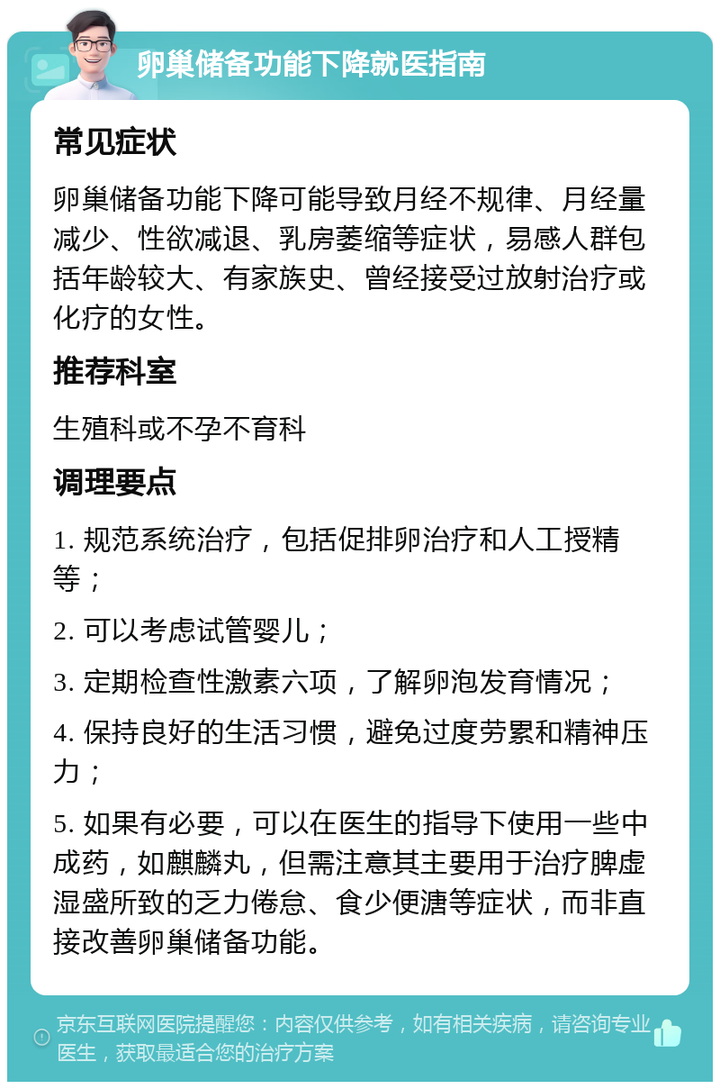 卵巢储备功能下降就医指南 常见症状 卵巢储备功能下降可能导致月经不规律、月经量减少、性欲减退、乳房萎缩等症状，易感人群包括年龄较大、有家族史、曾经接受过放射治疗或化疗的女性。 推荐科室 生殖科或不孕不育科 调理要点 1. 规范系统治疗，包括促排卵治疗和人工授精等； 2. 可以考虑试管婴儿； 3. 定期检查性激素六项，了解卵泡发育情况； 4. 保持良好的生活习惯，避免过度劳累和精神压力； 5. 如果有必要，可以在医生的指导下使用一些中成药，如麒麟丸，但需注意其主要用于治疗脾虚湿盛所致的乏力倦怠、食少便溏等症状，而非直接改善卵巢储备功能。